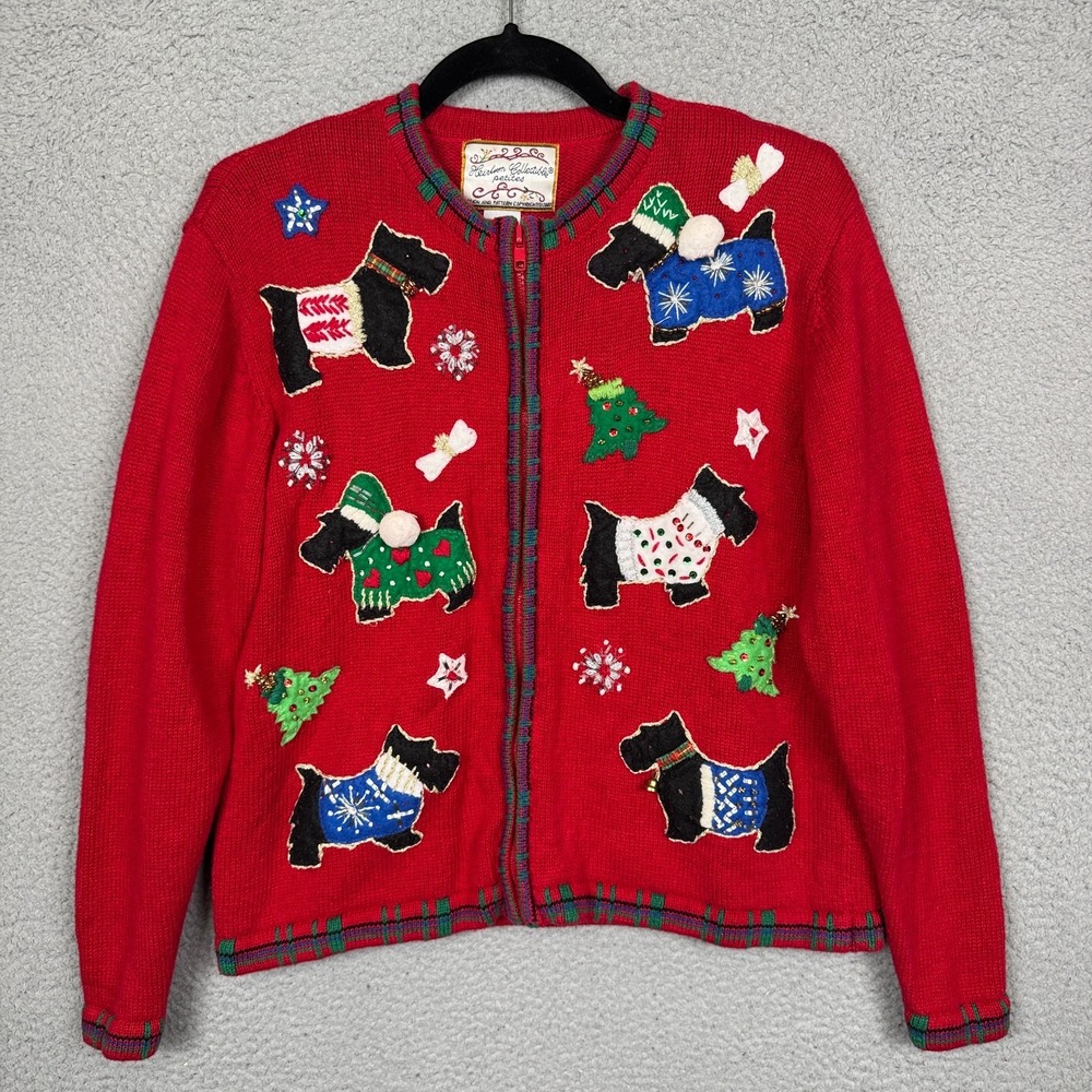 Grandma‎ Sweater Womens S Petite Red Cardigan Artsy Scotties Dogs Novelty